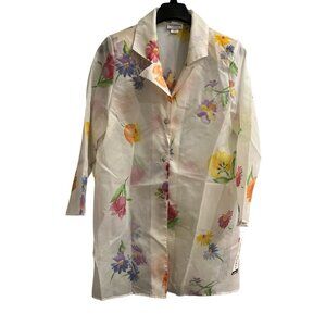 Vintage New Yorker Top Women L White Sheer Floral Button Down Tunic Topper